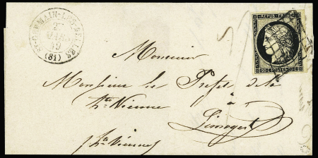 N°3 OBL grille + T15 "St Germain les Belles" (1849) sur lettre, ind 20