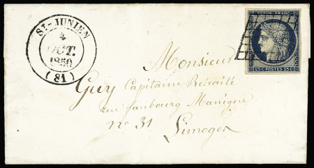 N°4 OBL grille + T14 St Junien (1850) sur lettre, ind 18. TB
