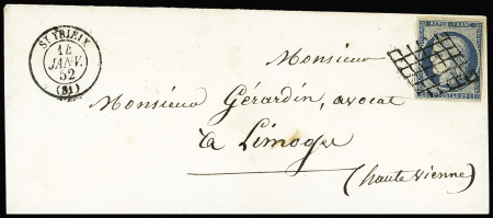 N°4 OBL grille + T15 "St Yrieix" (14 janvier 1852, fin de l'utilisation de la grille) sur lettre. Ind 16. TB