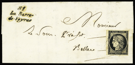 N°3 OBL grille + cursive "82 La Barre de Vayrac" sur lettre datée d'Oradour sur Glane, ind 24. rare et TB