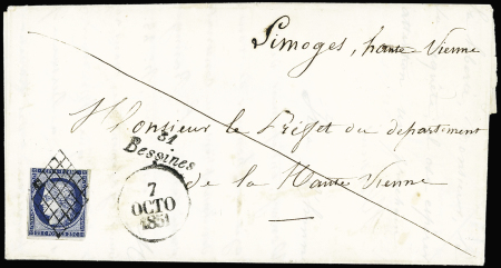 N°4 OBL grille + cursive "81 Bessines" + dateur A (7 oct 1851) sur lettre, ind 21. TB