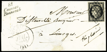 N°3 OBL grille + cursive "81 Coussac Bonneval" + T13 "St Yriex" (21.7.49) sur lettre, ind 25. TB