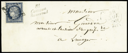 N°4 OBL grille + cursive "81 Coussac Bonneval" sur lettre, ind 21. TB