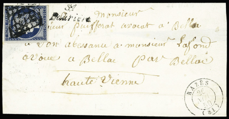 N°4 OBL grille + cursive "81 Laurière" + T15 Razes (1850) sur lettre, ind 21. TB