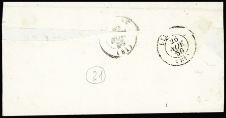 N°4 OBL grille + cursive "81 Laurière" + T15 Razes (1850) sur lettre, ind 21. TB
