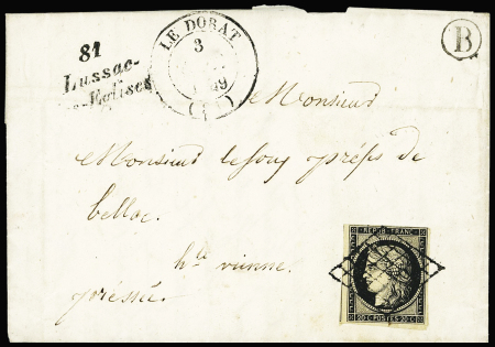 N°3 OBL grille + cursive "81 "Lussac les Eglises" + T14 "Le Dorat" (1849) + boite rurale "B" de Saint Martin le Moult, ind 25. Rare et TB