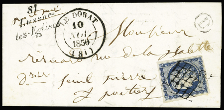 N°4 OBL grille + cursive "81 "Lussac les Eglises" + T14 "Le Dorat" (1850) + boite rurale "D", ind 23. Rare et TB