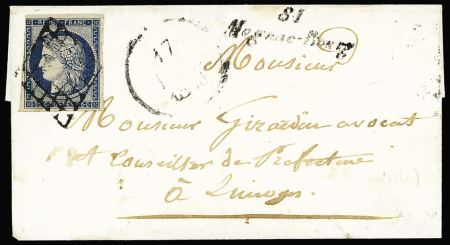 N°4 OBL grille + cursive "81 Magnac-Bourg" + dateur "A" (17.12.1850) sur lettre, ind 23. TB
