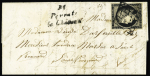N°3 OBL grille + cursive "81 Peyrat le Château" sur lettre du 22.10.1849, ind 25. Rare et TB