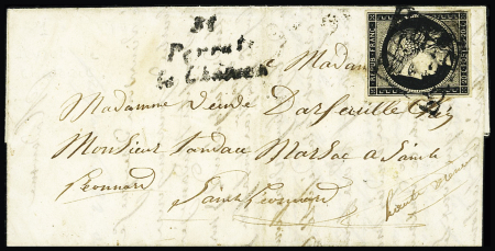 N°3 OBL grille + cursive "81 Peyrat le Château" sur lettre du 22.10.1849, ind 25. Rare et TB