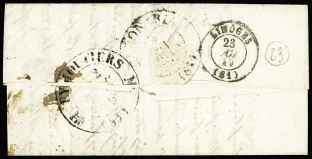N°3 OBL grille + cursive "81 Peyrat le Château" sur lettre du 22.10.1849, ind 25. Rare et TB