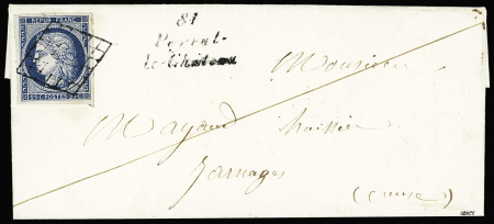 N°4 OBL grille + cursive "81 Peyrat le chateau" sur lettre du 21.8.1851, ind 23. TB