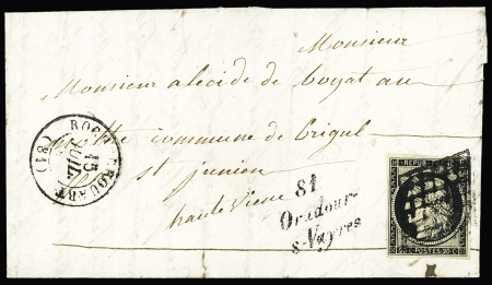 N°3 OBL grille + cursive "81 Oradour-s-Vayres" + T15 "Rochechouart" (1849) sur lettre, ind 23. TB
