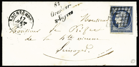 N°4 OBL grille + cursive "81 Oradour-s-Vayres" + T15 "Rochechouart" (1850) sur lettre, ind 21. TB