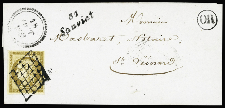 N°1, 10c bistre-jaune OBL grille + cursive "81 Sauviat" + dateur "B" (1851) sur lettre. TB