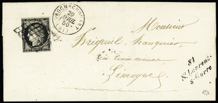 N°3 OBL grille + cursive "81 St Laurent-s-Gorre" + T15 "Rochechouart" (29.4.1850) sur lettre, ind 25. TB