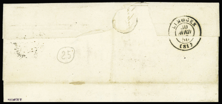 N°3 OBL grille + cursive "81 St Laurent-s-Gorre" + T15 "Rochechouart" (29.4.1850) sur lettre, ind 25. TB