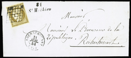 N°1 OBL grille + cursive "81 St Mathieu" + T15 "Rochechouart" (31.7.1851) sur lettre. TB