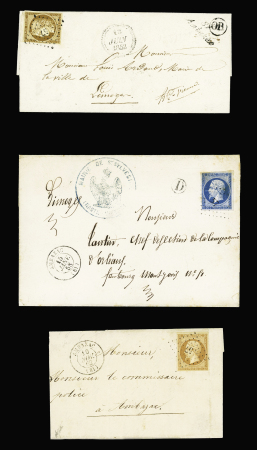 Ambazac : 3 lettres avec PC 57 dont n°1 OBL PC 57 + cursive "81 Ambazac" + dateur B (1852) + "OR" (ind 23). TB