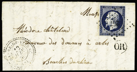 La Barre de Veyrac : n°14 OBL PC 267 + T22 "La Barre de Veyrac" (1856) sur lettre, ind 13