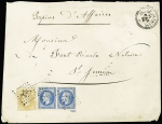 N°28 + 29 en paire OBL GC 327 (apposé par erreur) + T22 La Barre de Vayrac (1869) sur papier d'affaires du 1er échelon (les timbres auraient dû être annulés par le CAD au lieu du GC). TB