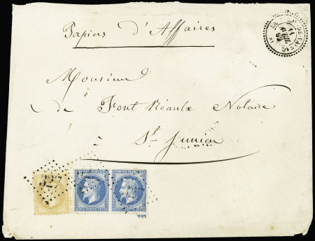 N°28 + 29 en paire OBL GC 327 (apposé par erreur) + T22 La Barre de Vayrac (1869) sur papier d'affaires du 1er échelon (les timbres auraient dû être annulés par le CAD au lieu du GC). TB