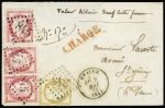 N°55 + 57, 3 pièces, OBL GC 845 + T16 Chalus (1875) sur lettre chargée (VD 900F). TB