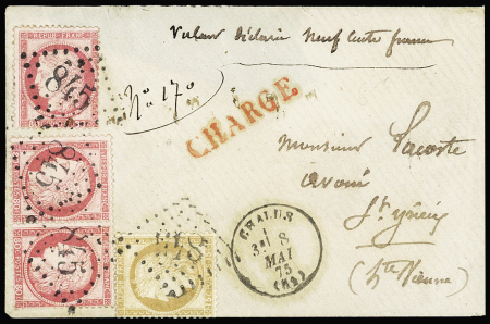 N°55 + 57, 3 pièces, OBL GC 845 + T16 Chalus (1875) sur lettre chargée (VD 900F). TB