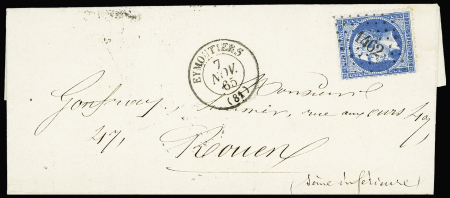N°22 OBL PC du GC + T15 Eymoutiers (1865) sur lettre, non signalé. Pièce découverte en 2018 (on joint un courrier de JF Baudot à ce sujet). TB