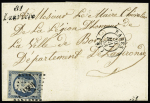 Laurière : n°10 OBL PC 1665 + cursive "81 Laurière" + T15 Paris (1853) sur lettre, ind 21. TB