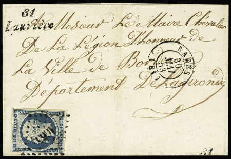 Laurière : n°10 OBL PC 1665 + cursive "81 Laurière" + T15 Paris (1853) sur lettre, ind 21. TB