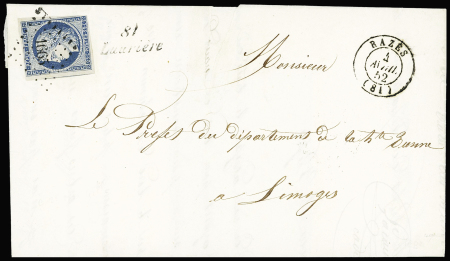 N°4 OBL PC 1665 + cursive "81 Laurière" + T15 Razès (1852) sur lettre, ind 21. TB