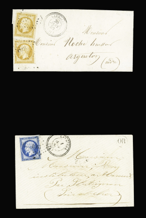 2 lettres avec PC 1665 + T22 Laurière, ind 14 chaque. TB