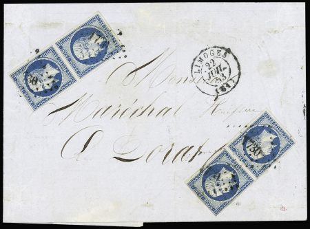 N°10, 25c bleu, 2 jolies paires verticales OBL PC 1730 + T15 Limoges (1853) sur lettre. TB