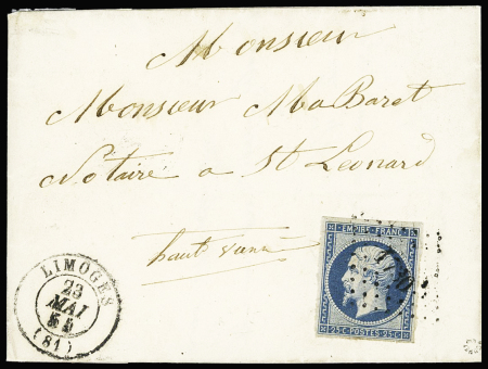 N°15, 25c bleu OBL PC 1730 + T15 Limoges (1854) sur lettre. TB