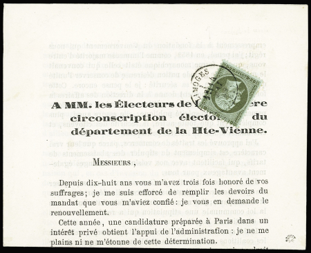 N°19, 1c olive OBL T16 Limoges (1869) sur circulaire électorale Armand Noualhier. TB