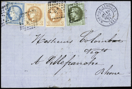 N°25 + 37 + 40, 2 pièces OBL losange de points ambulant "PP" + T17 "Gare de Limoges (10 sept 1871) sur lettre. TB. Certificat Robineau