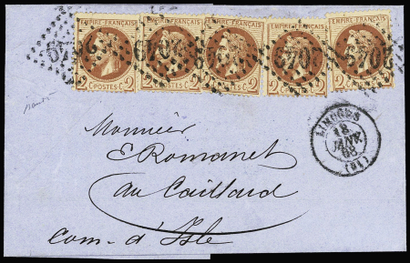 N°26, 2c brun-rouge, 5 pièces, OBL GC 2049 + T15 Limoges (1868) sur lettre. TB