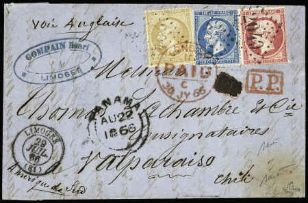 N°20 + 22 + 24 OBL GC 2049 + T15 Limoges (1866) sur lettre pour Valparaiso avec transit Panama au recto. TB
