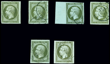 N°11 1c olive, sélection de 6 timbres avec belles marges