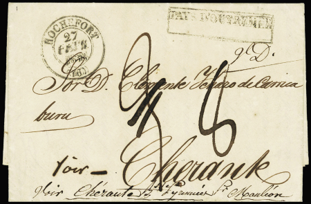 Lettre av. T13 Rochefort (1838) + marque encadrée "Pays d'Outremer", ind 20. TB