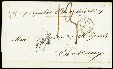 Lettre de la Havane pour Bordeaux avec CAD d'entrée noir "Outre-mer Rochefort" (1840) + taxe manuscrite 13, ind 22. Rr et TB