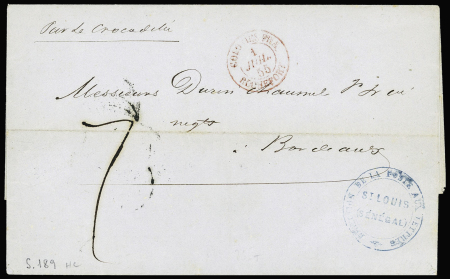 Lettre avec cachet bleu"Direction de la poste aux lettres St Louis (Sénégal)" + CAD d'entrée rouge "Colonies FRA Rochefort" (1855), ind 19. TB