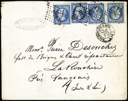 N°14, 4 pièces dont 2 avec variété "PostFs" OBL PC 2203 + T15 Rochefort-s-Mer (1860) sur lettre. TB
