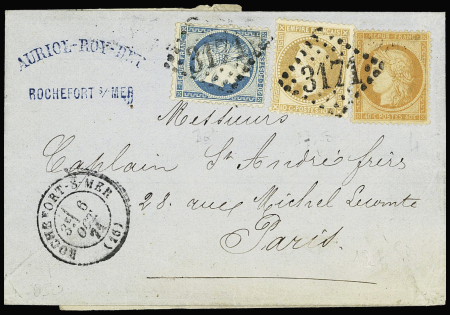 N°28 + 37 + 38 OBL GC 3171 + T17 Rochefort-s-Mer (6 oct 71) sur lettre, tarif du 1er septembre 1871, AFF tricolore. TB