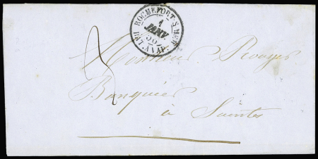 Lettre de Rochefort pour Saintes (1 janv 56) avec T15 "Rochefort-s-Mer Bat a Vap" + taxe 3 manuscrite, ind 28. RR et TB
