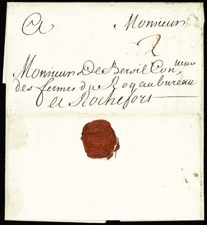 Lettre de La Rochelle pour Rochefort (1697) fermée par un cachet de cire armorié, avec taxe manuscrite 2 sols, ind 21. TB