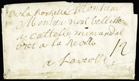 Lettre avec marque manuscrite "De la Rochelle" (1716 - L1A) + taxe manuscrite 12 sols, ind 17. TB