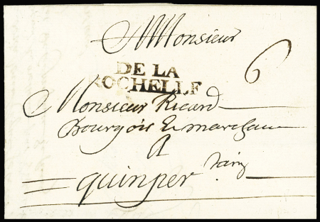 MP "De la Rochelle" (1701 - L2) sur lettre pour Quimper avec taxe manuscrite 6 sols, ind 25. RR et TB