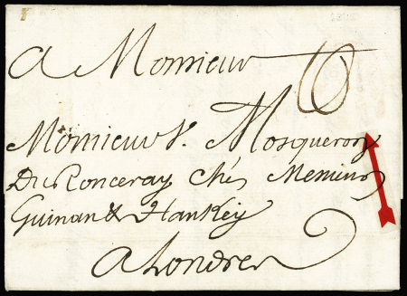 Lettre pour Londres (1767) avec marque circulaire rouge presqu'à sec "Portpayé de la Rochelle" (L n°14), ind 31. Rareté